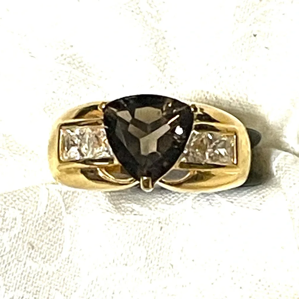Gold Washed Smoky Quartz Ring sz 10 cat. R601